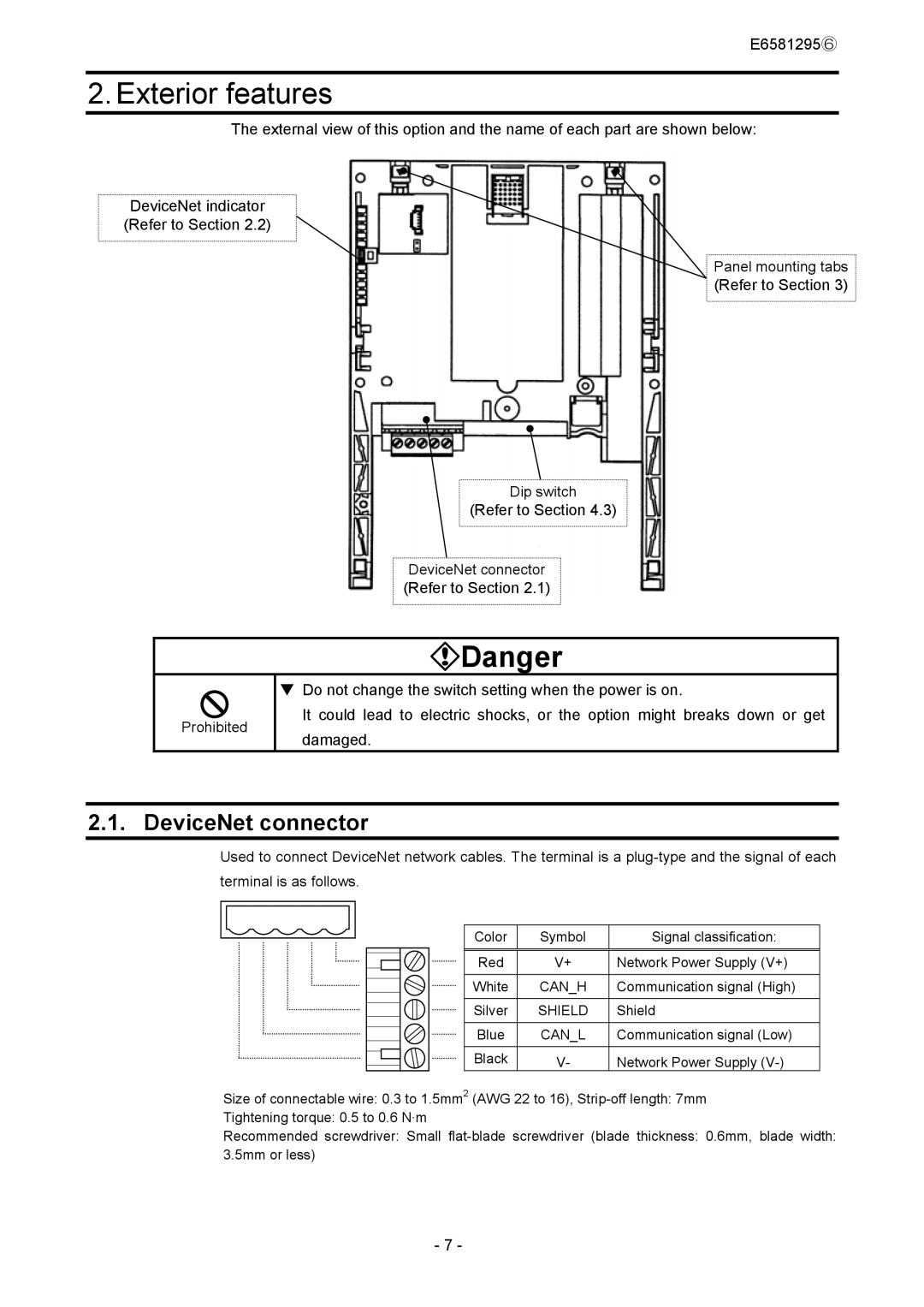 Toshiba DEV002Z instruction manual Exterior features, DeviceNet connector, Canh, Canl 