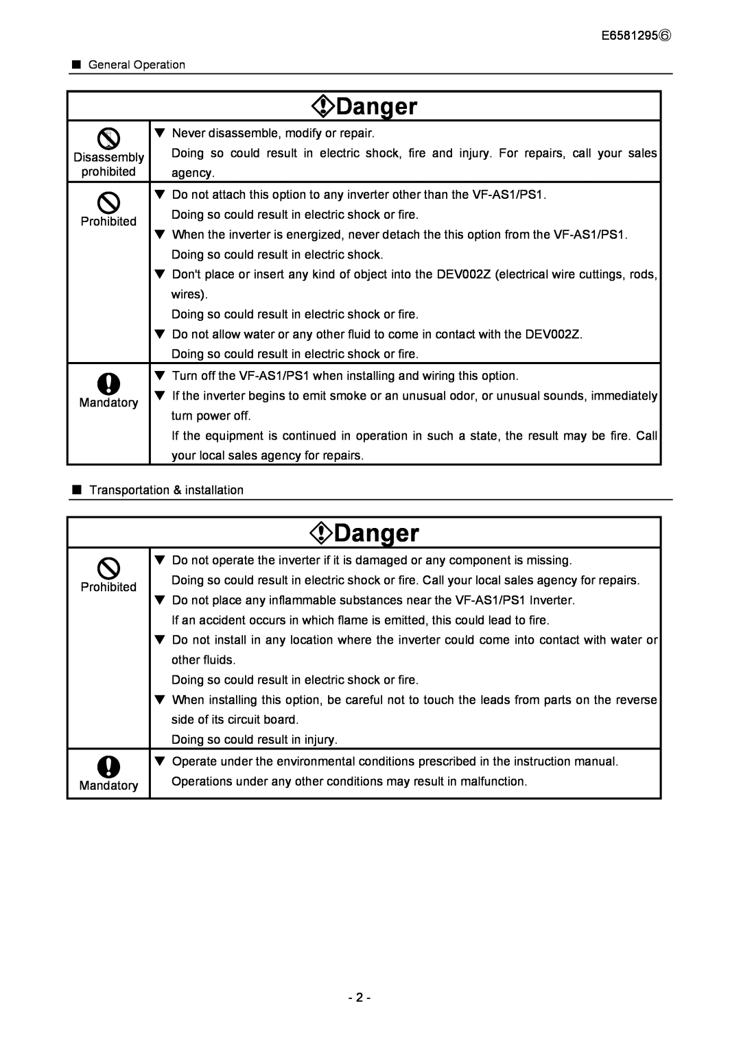 Toshiba DEV002Z instruction manual Danger 