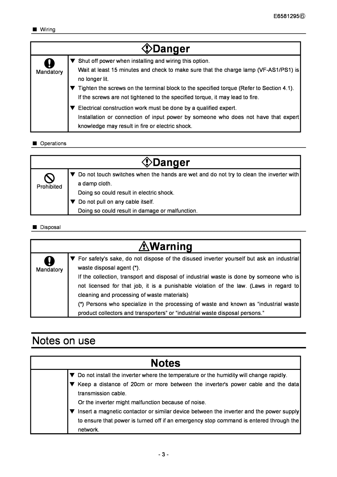 Toshiba DEV002Z instruction manual Notes on use, Danger 