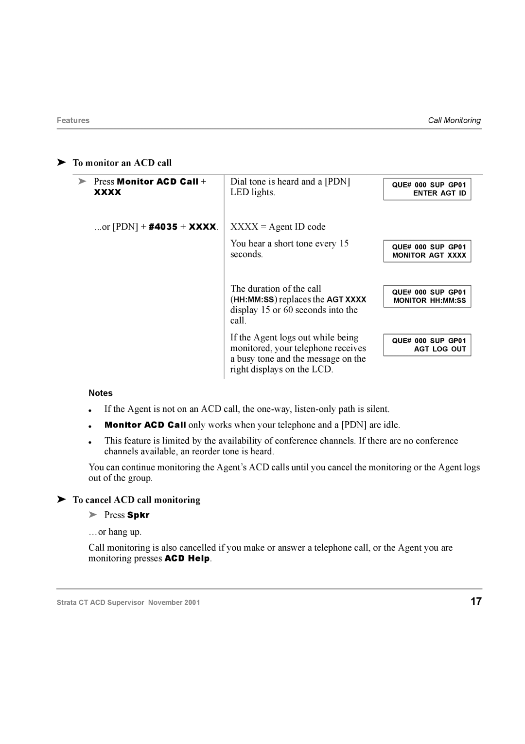 Toshiba Digital Business Telephone Solutions manual To monitor an ACD call, To cancel ACD call monitoring 