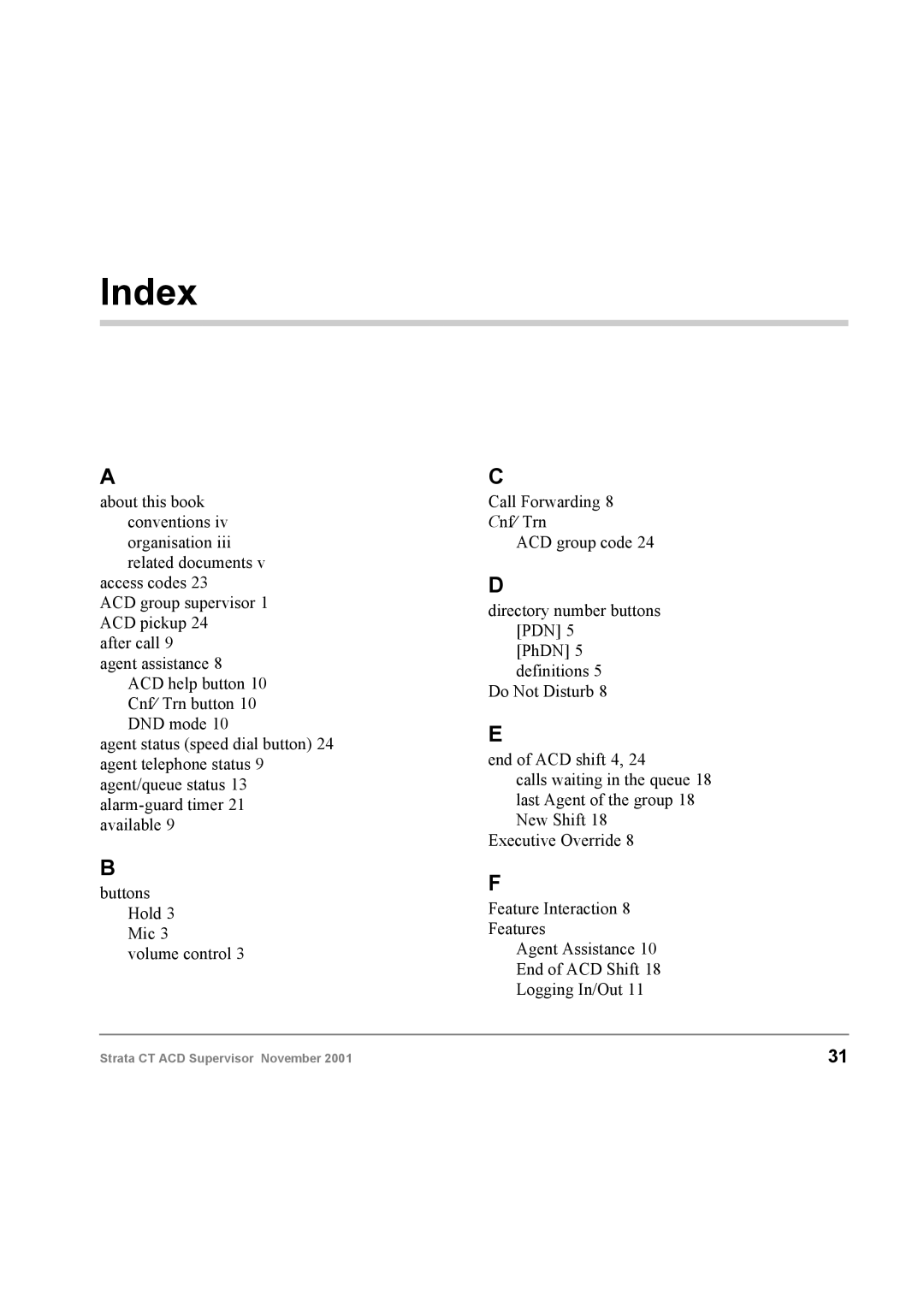 Toshiba Digital Business Telephone Solutions manual Index 