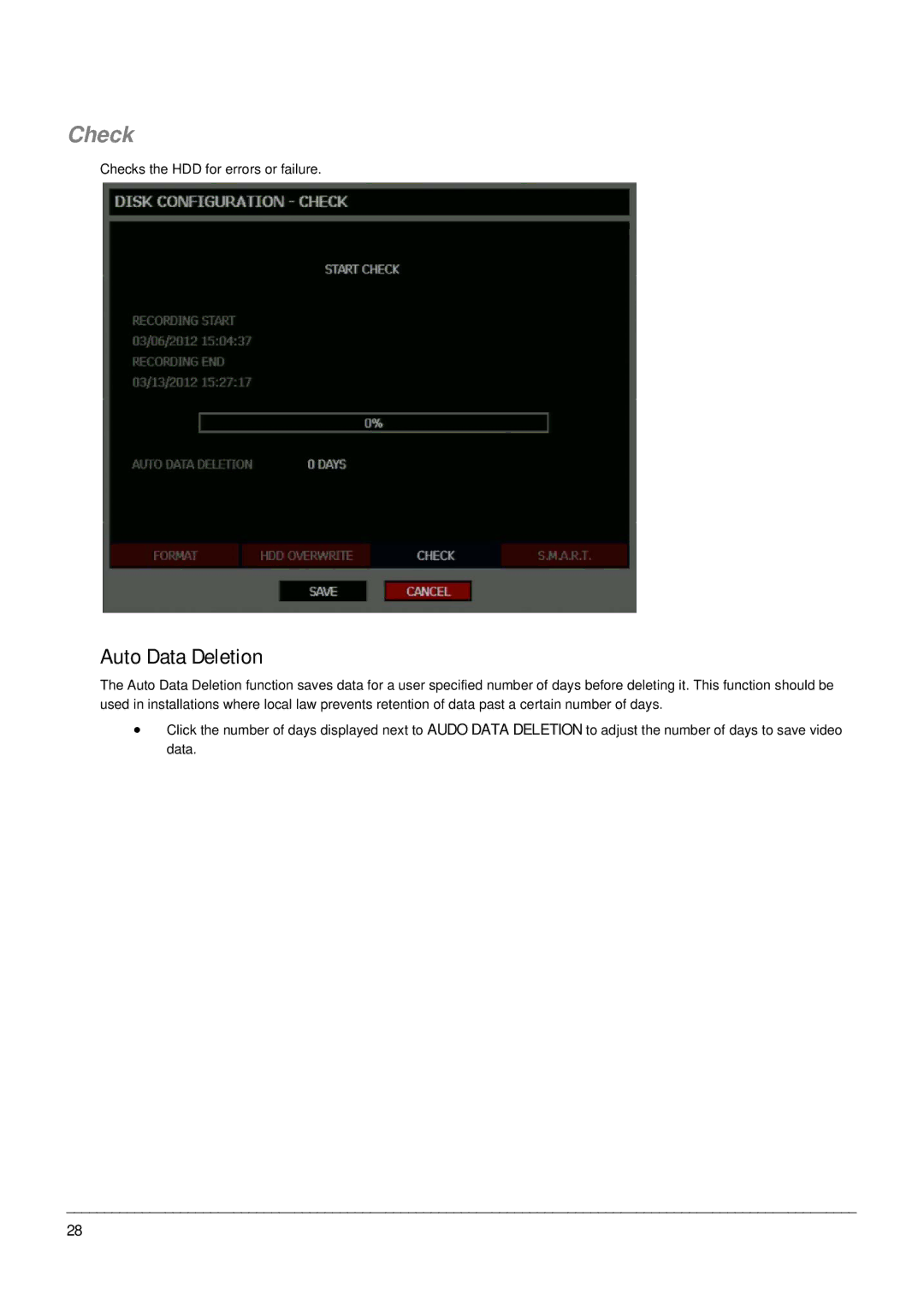 Toshiba EHV Hybrid H.264 DVR, Digital Recording and Transmission System manual Check, Auto Data Deletion 