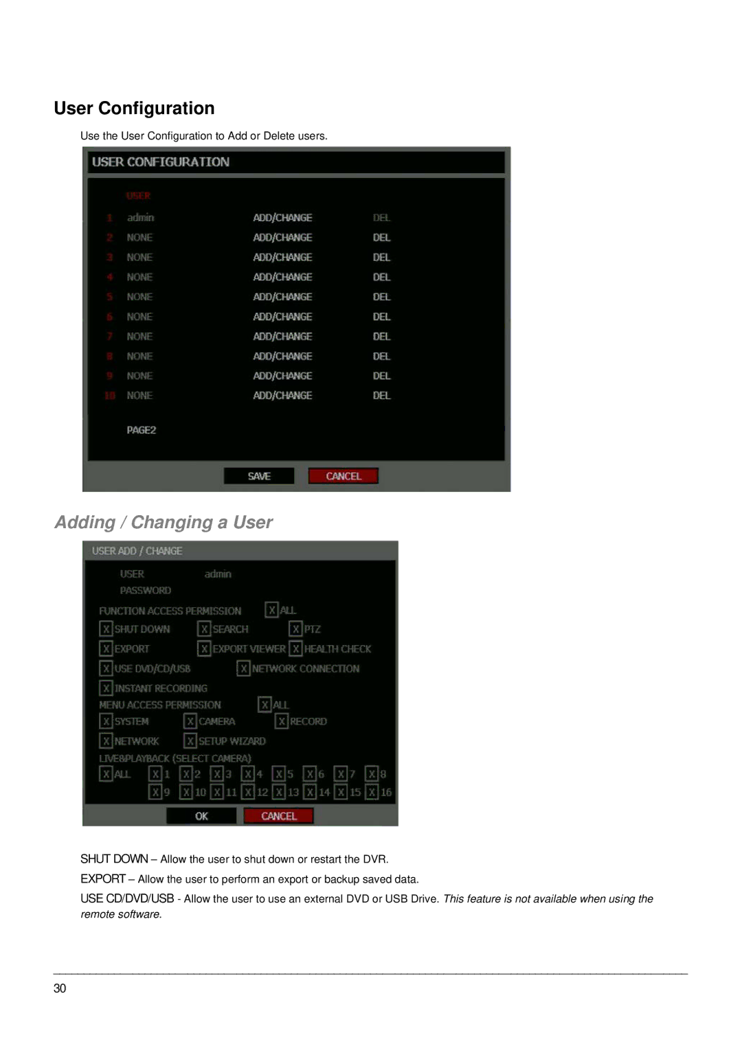 Toshiba EHV Hybrid H.264 DVR, Digital Recording and Transmission System manual User Configuration, Adding / Changing a User 