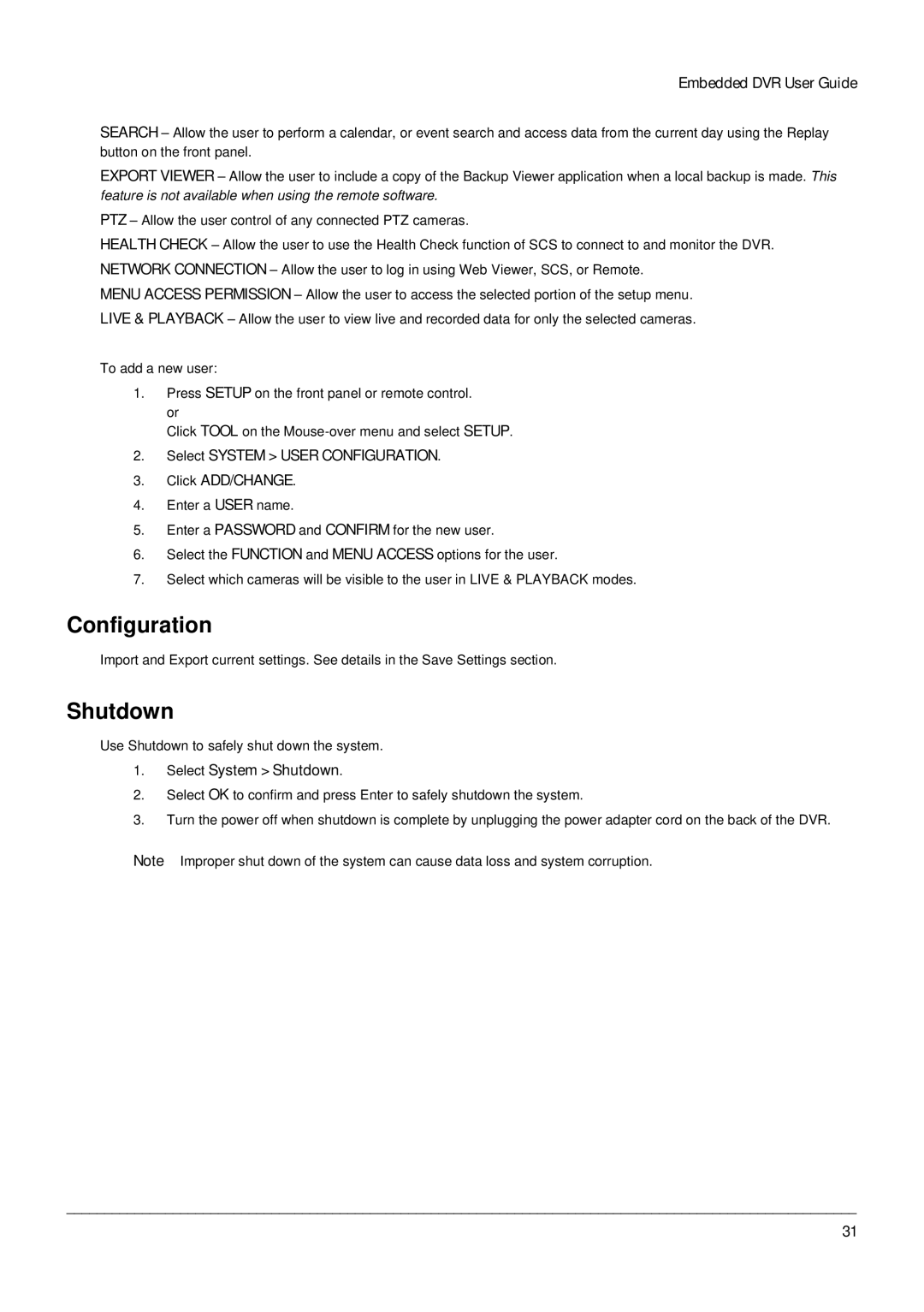 Toshiba Digital Recording and Transmission System, EHV Hybrid H.264 DVR manual Configuration, Select System Shutdown 
