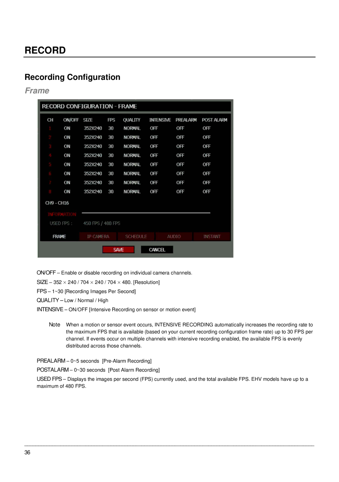 Toshiba EHV Hybrid H.264 DVR, Digital Recording and Transmission System manual Recording Configuration, Frame 