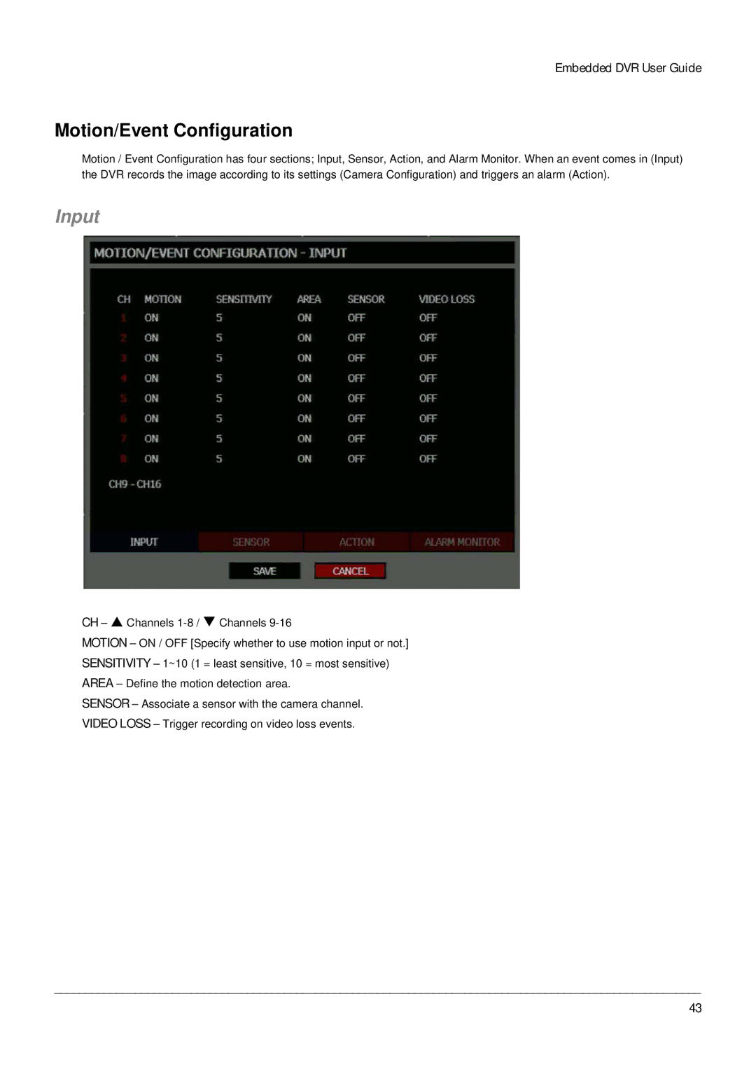 Toshiba Digital Recording and Transmission System, EHV Hybrid H.264 DVR manual Motion/Event Configuration, Input 
