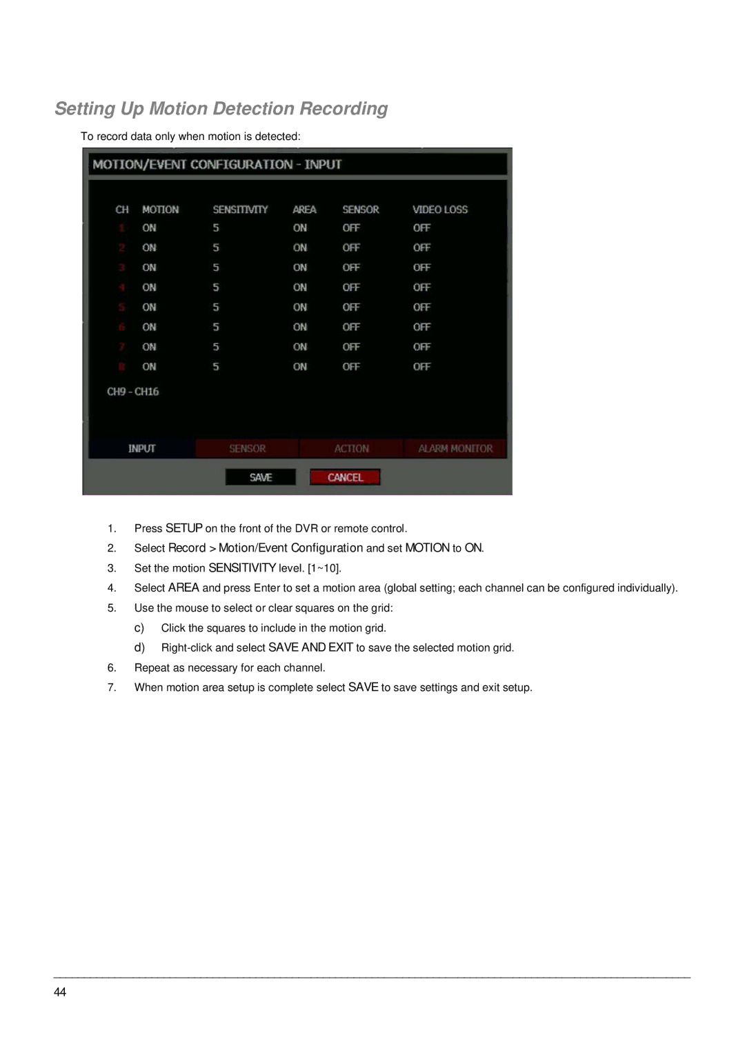 Toshiba EHV Hybrid H.264 DVR, Digital Recording and Transmission System manual Setting Up Motion Detection Recording 
