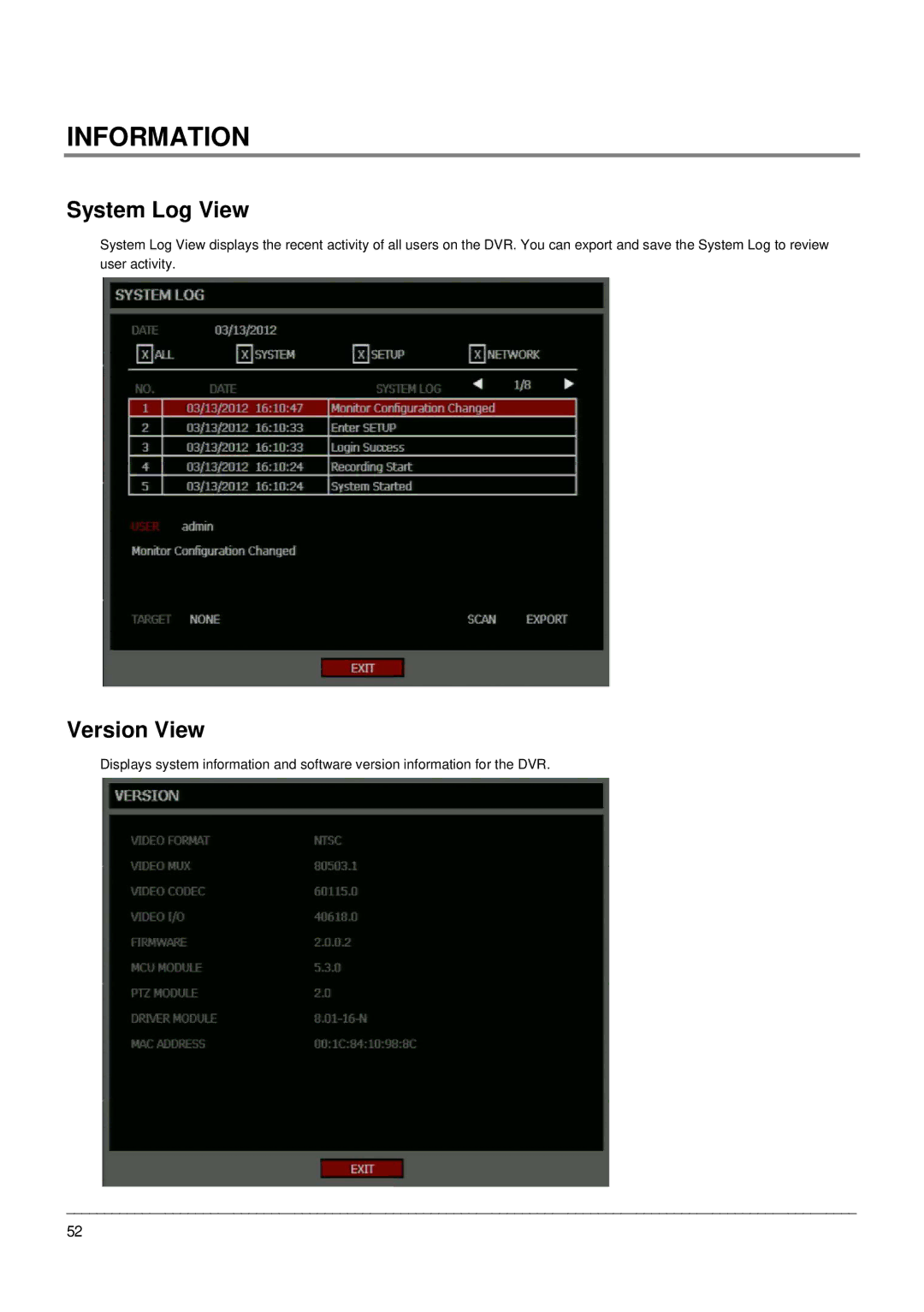 Toshiba EHV Hybrid H.264 DVR, Digital Recording and Transmission System manual Information, System Log View, Version View 
