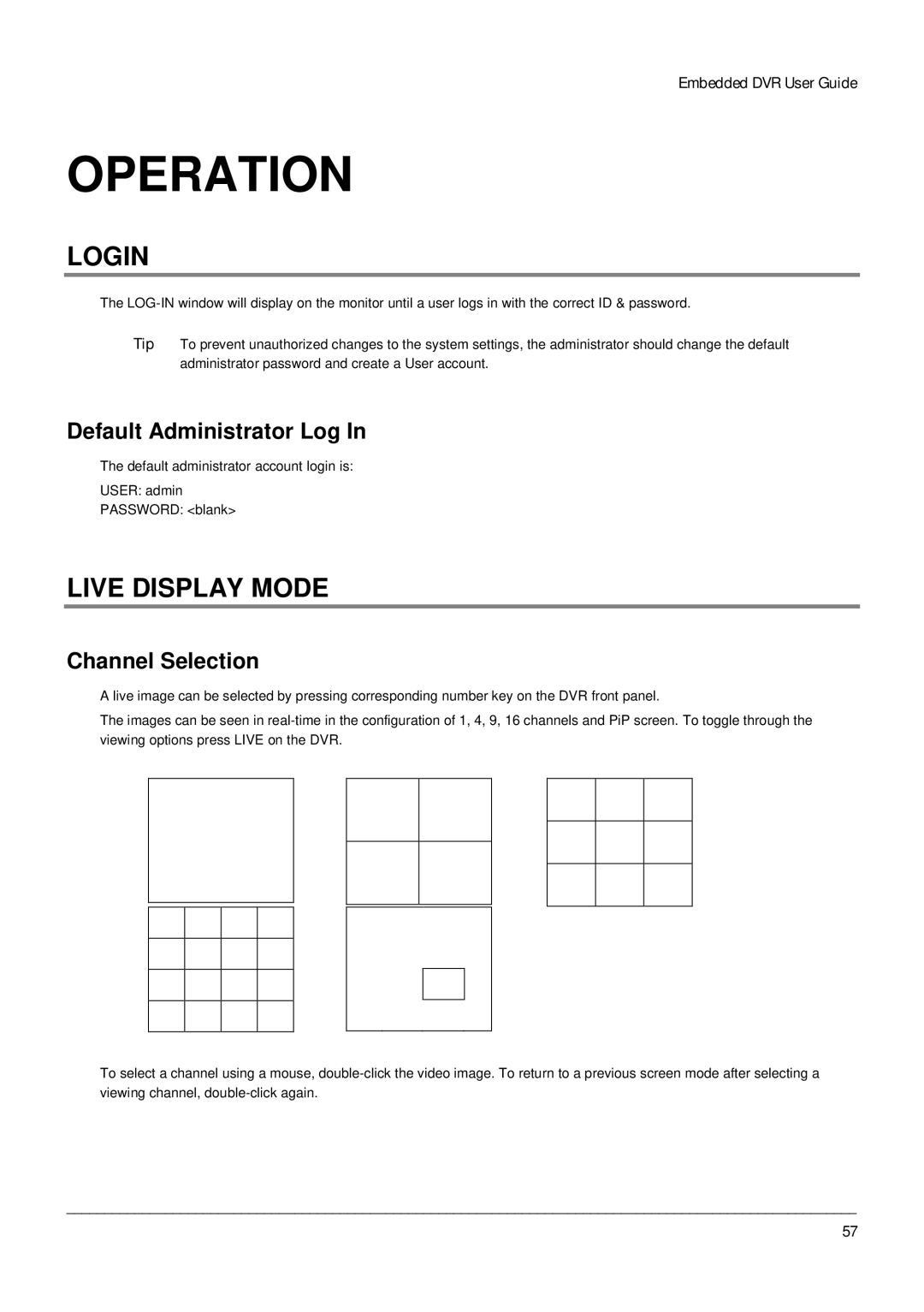Toshiba Digital Recording and Transmission System Login, Live Display Mode, Default Administrator Log, Channel Selection 