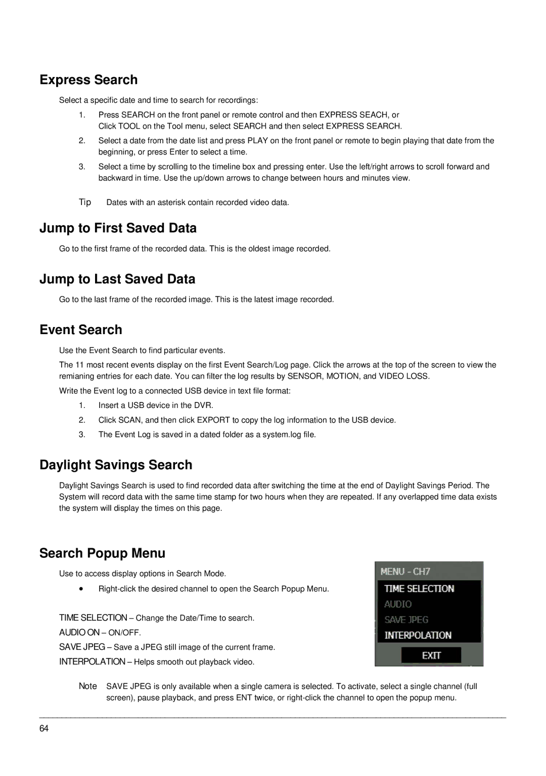 Toshiba EHV Hybrid H.264 DVR manual Express Search, Jump to First Saved Data, Jump to Last Saved Data, Event Search 