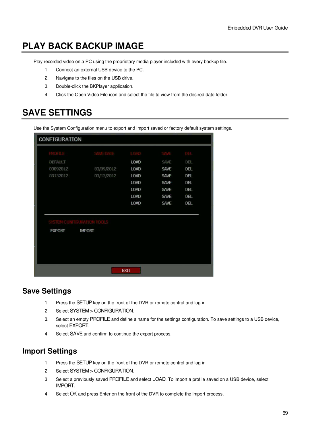 Toshiba Digital Recording and Transmission System manual Play Back Backup Image, Save Settings, Import Settings 