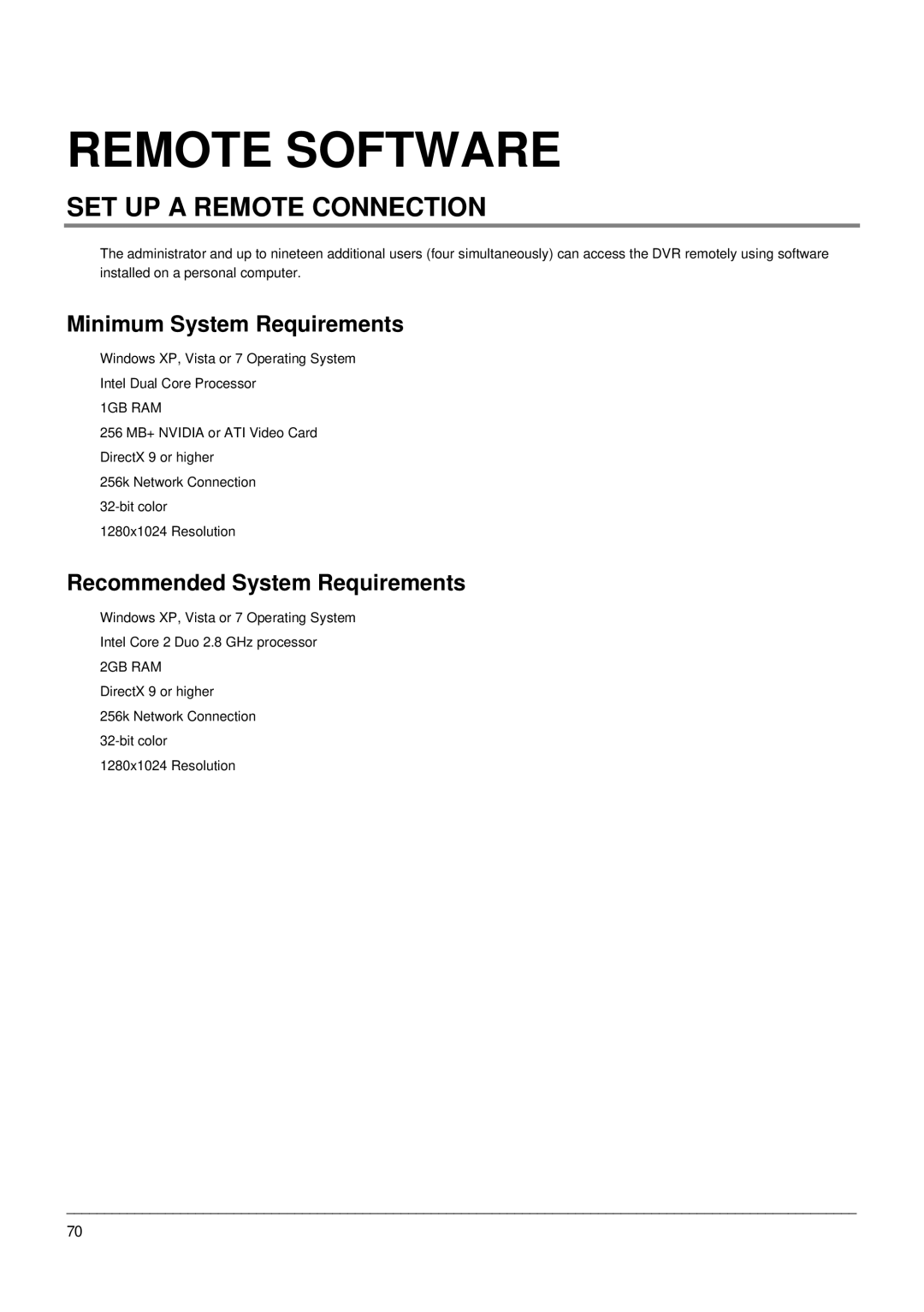 Toshiba EHV Hybrid H.264 DVR SET UP a Remote Connection, Minimum System Requirements, Recommended System Requirements 