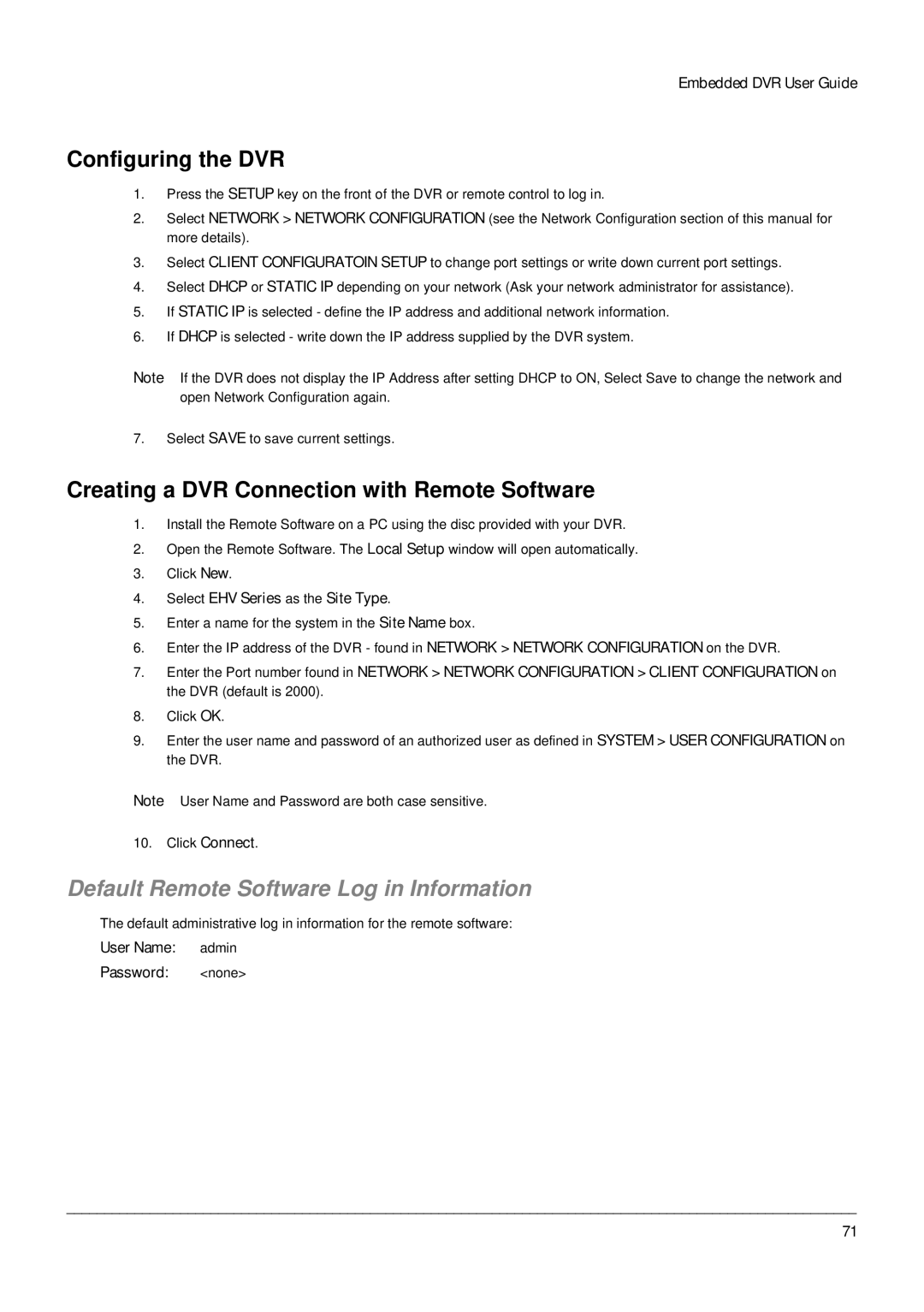 Toshiba Digital Recording and Transmission System Configuring the DVR, Creating a DVR Connection with Remote Software 