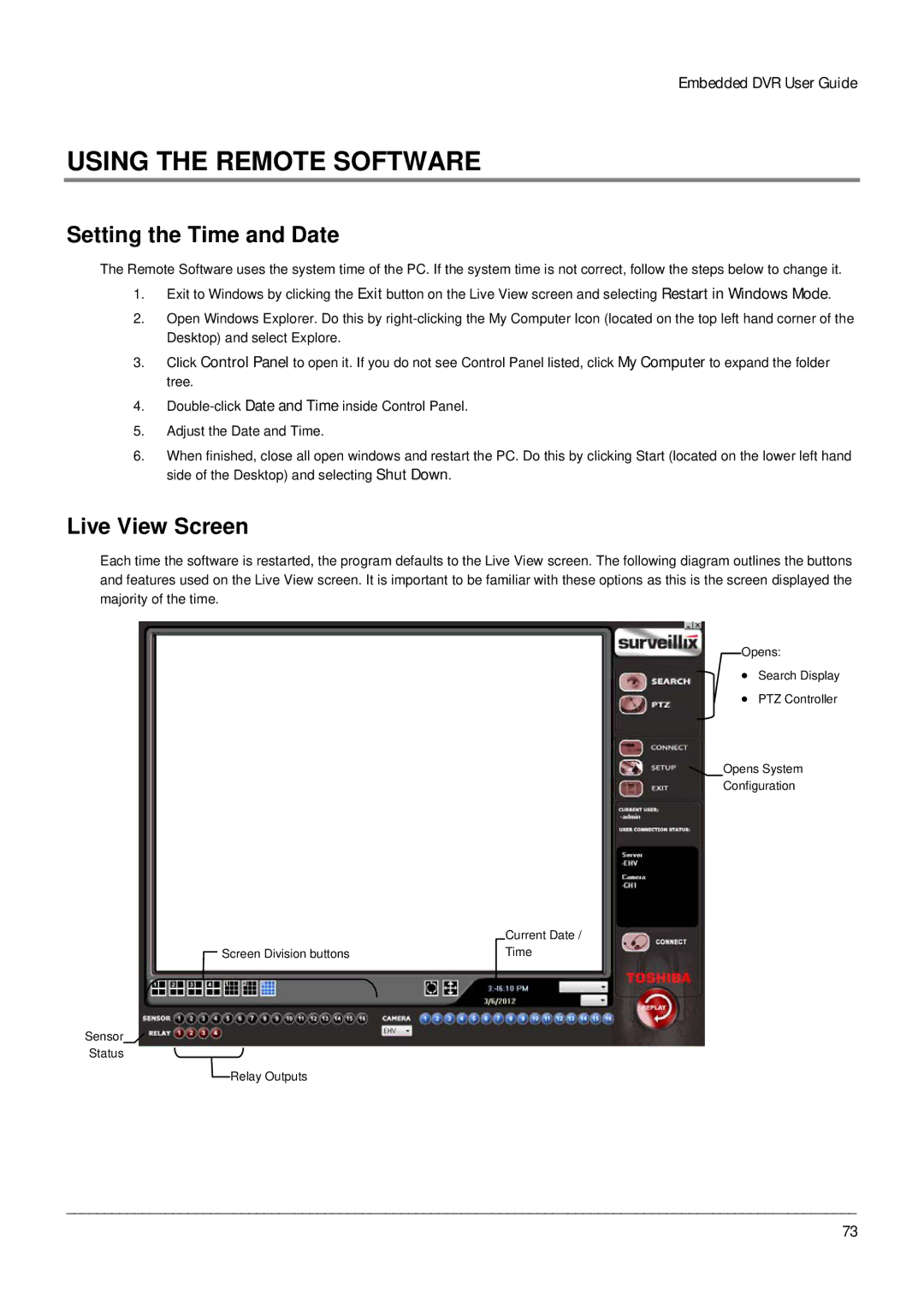 Toshiba Digital Recording and Transmission System Using the Remote Software, Setting the Time and Date, Live View Screen 