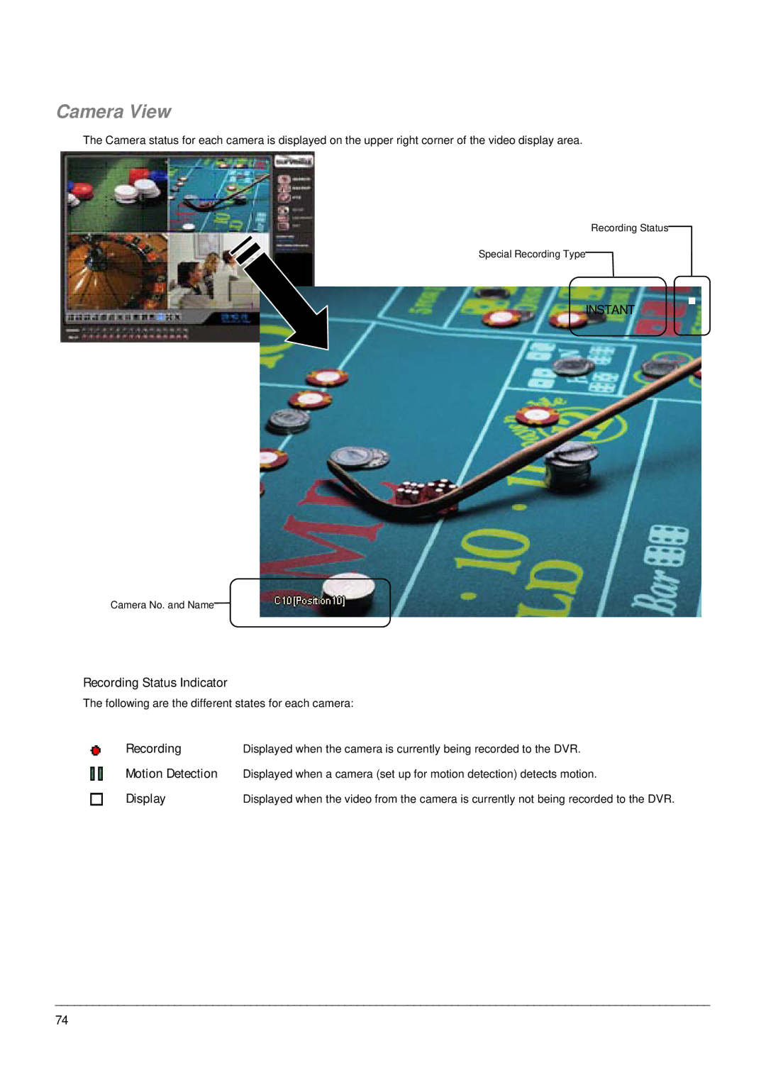 Toshiba EHV Hybrid H.264 DVR, Digital Recording and Transmission System manual Camera View, Recording Status Indicator 