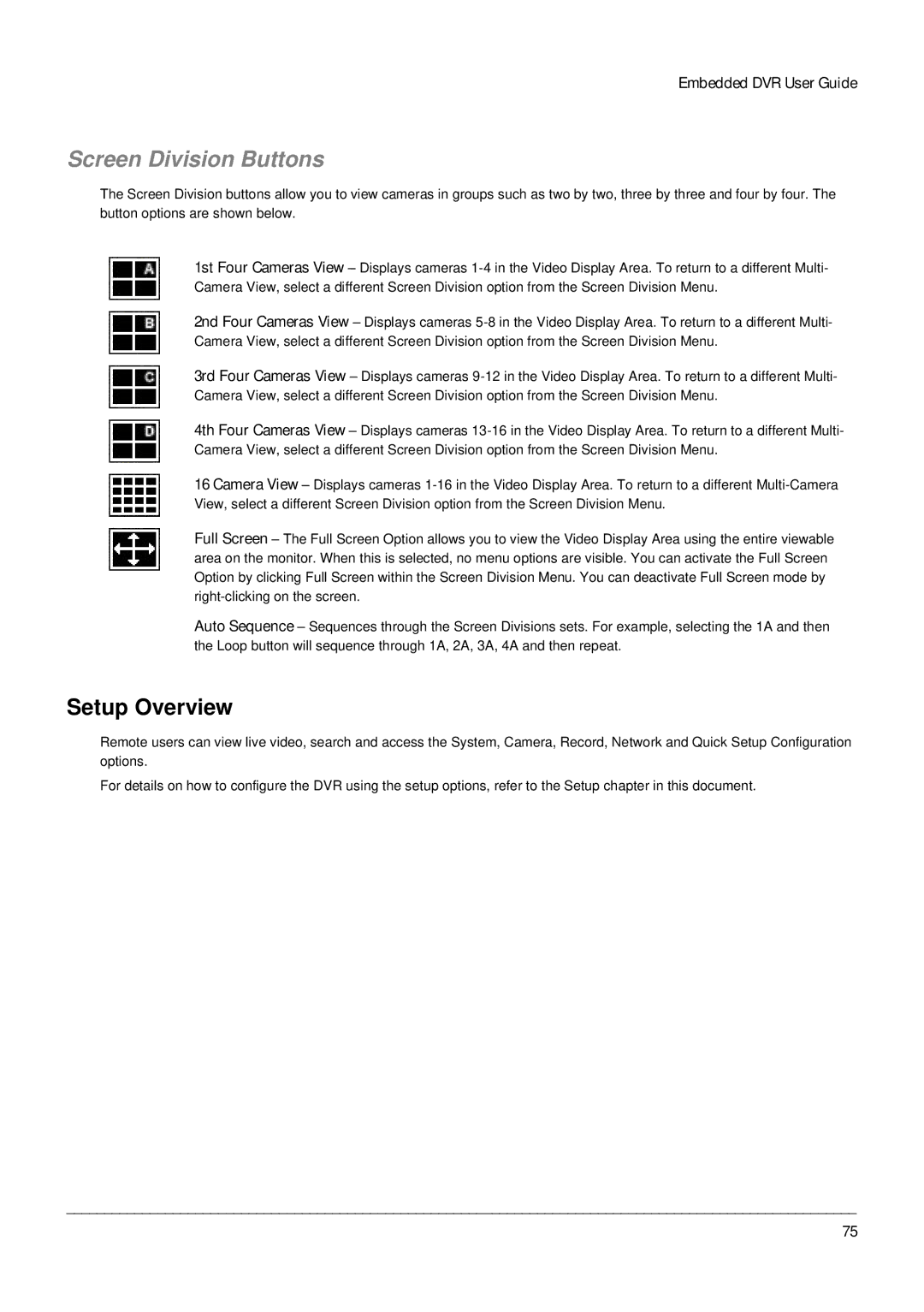 Toshiba Digital Recording and Transmission System, EHV Hybrid H.264 DVR manual Screen Division Buttons, Setup Overview 