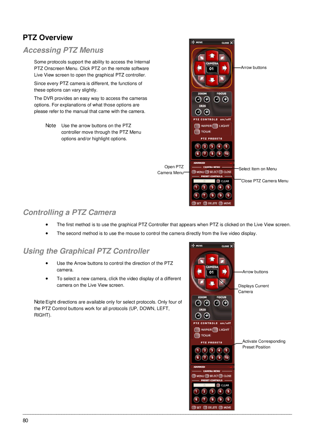 Toshiba EHV Hybrid H.264 DVR manual PTZ Overview, Accessing PTZ Menus, Controlling a PTZ Camera 