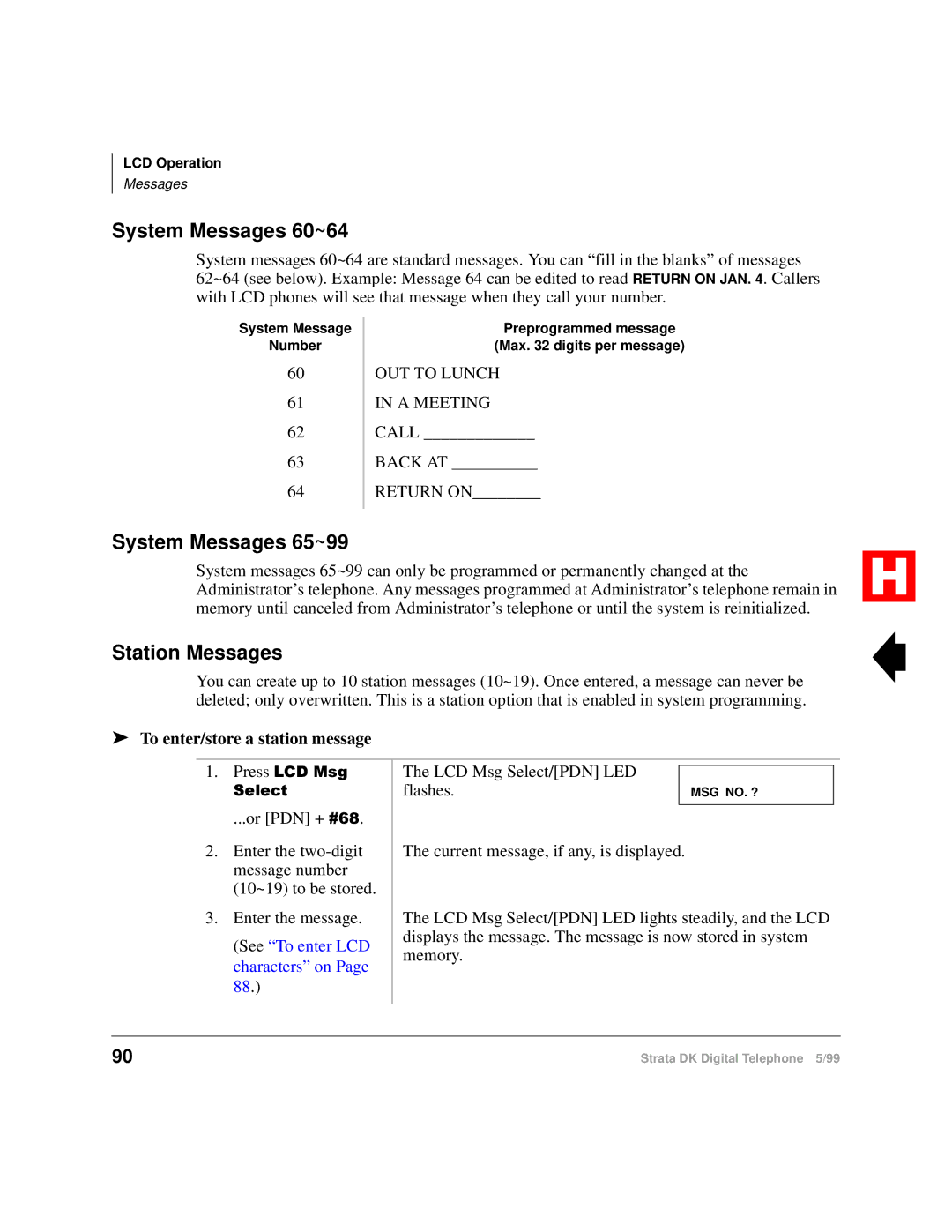 Toshiba Digital Telephone System Messages 60~64, System Messages 65~99, Station Messages, To enter/store a station message 