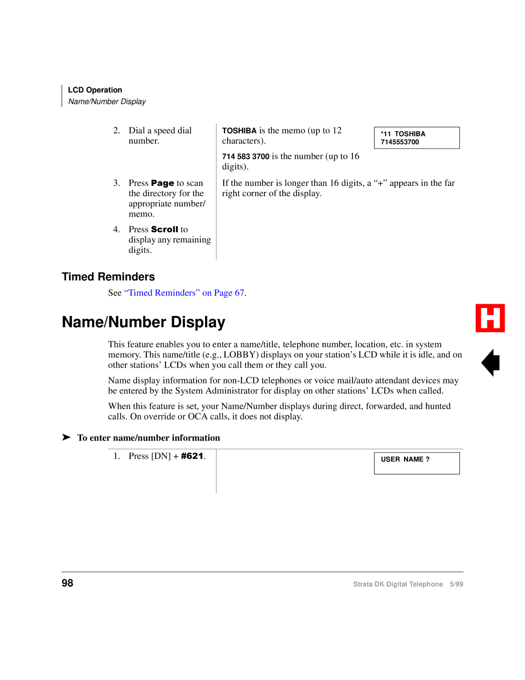 Toshiba Digital Telephone manual Name/Number Display, Timed Reminders, To enter name/number information 