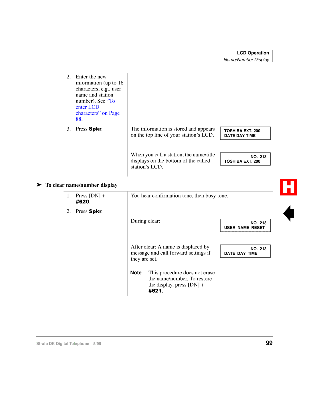 Toshiba Digital Telephone manual To clear name/number display 