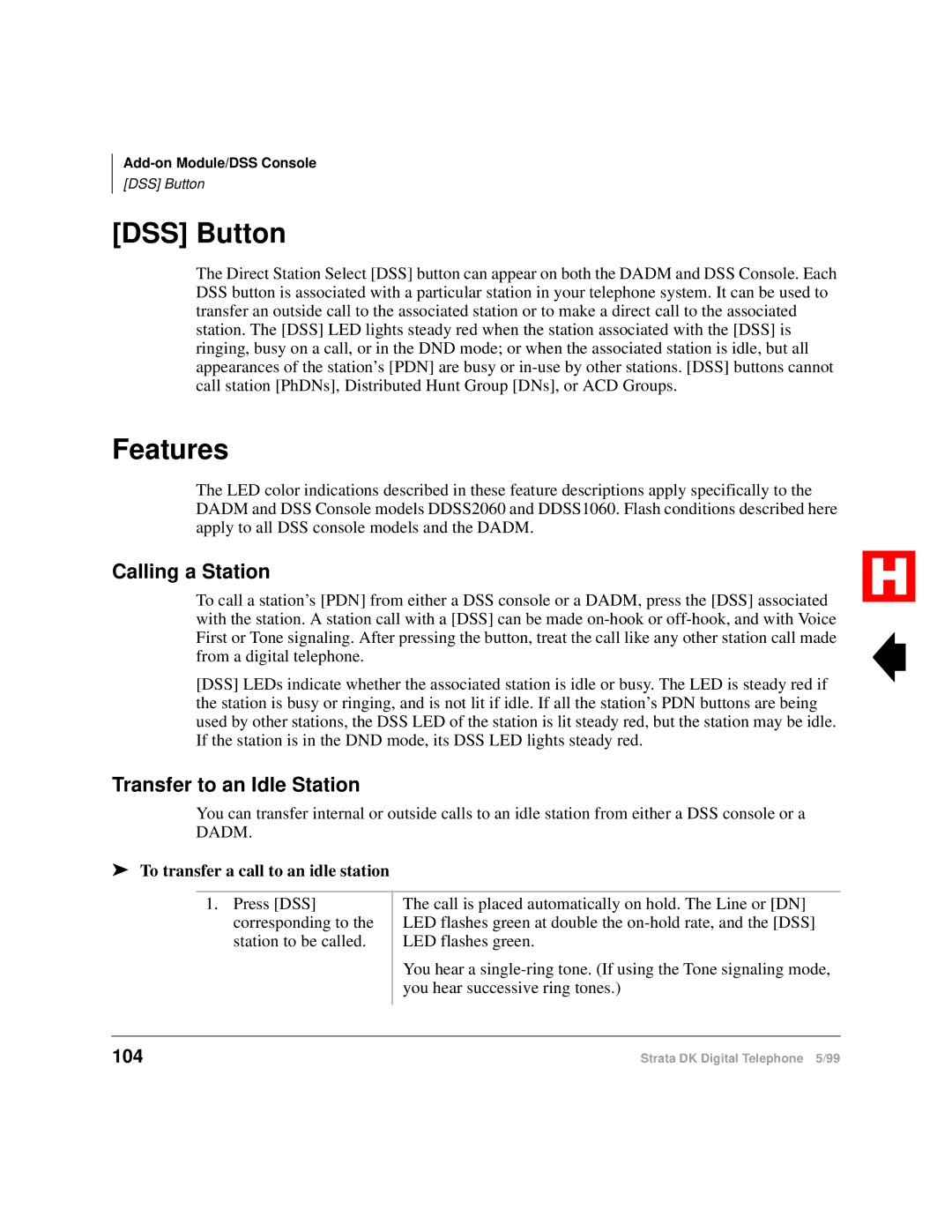 Toshiba Digital Telephone manual DSS Button, Features, Calling a Station, Transfer to an Idle Station, 104 