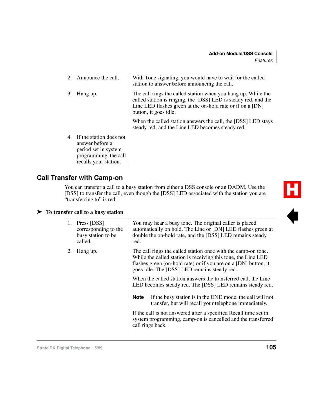 Toshiba Digital Telephone manual Call Transfer with Camp-on, 105, To transfer call to a busy station 