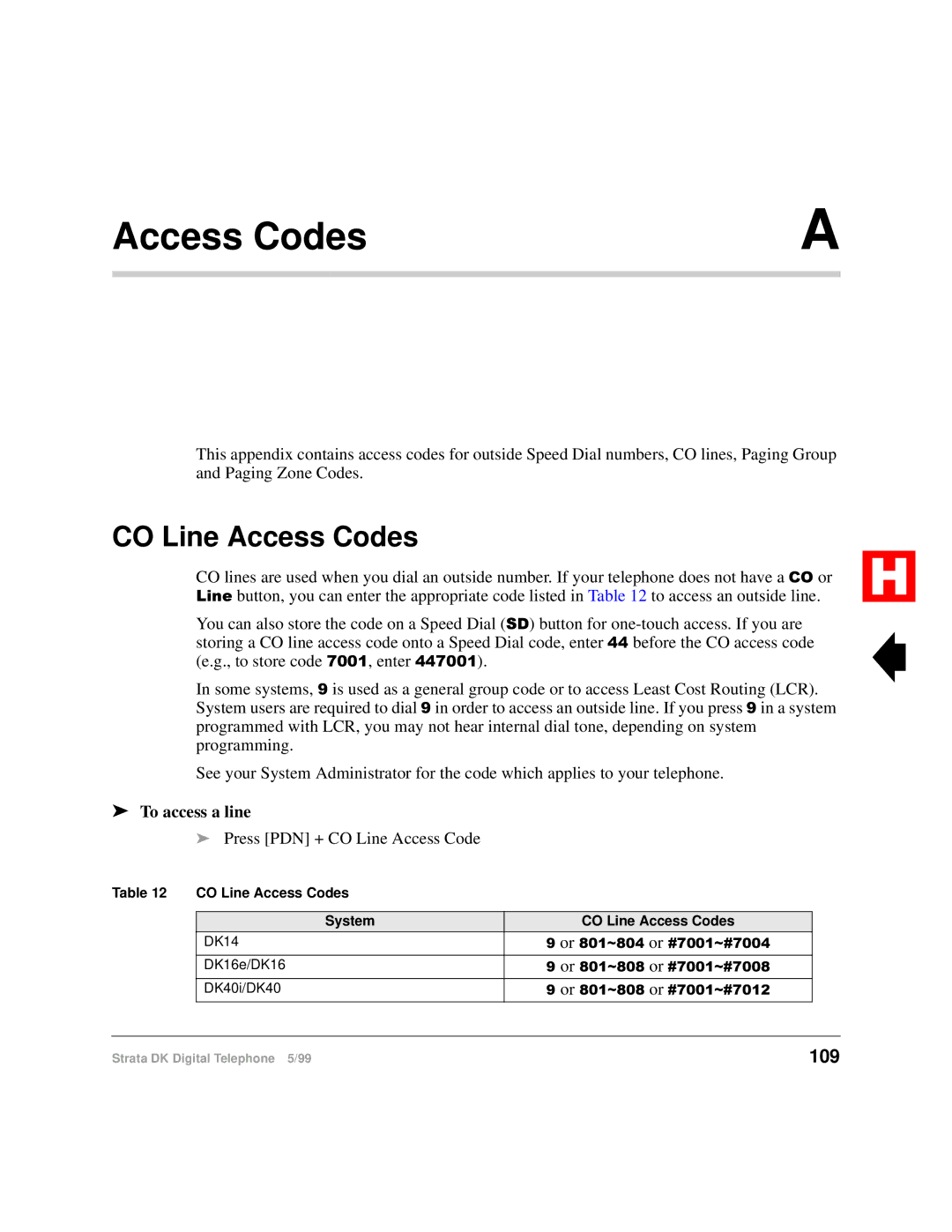 Toshiba Digital Telephone manual CO Line Access Codes, 109, To access a line 