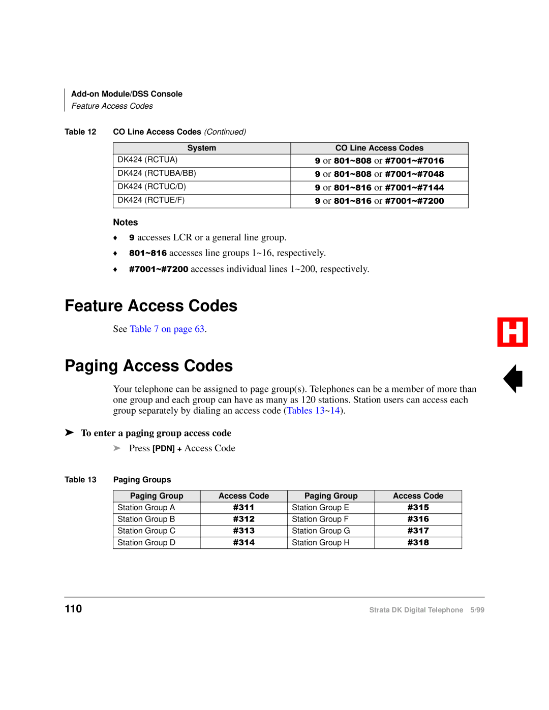 Toshiba Digital Telephone manual Feature Access Codes, Paging Access Codes, To enter a paging group access code 