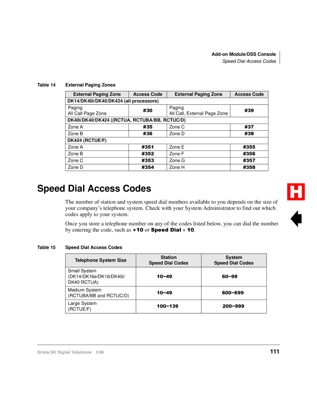 Toshiba Digital Telephone manual Speed Dial Access Codes, 111 