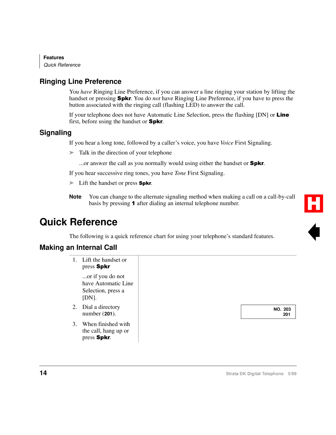 Toshiba Digital Telephone manual Quick Reference, Ringing Line Preference, Signaling, Making an Internal Call 