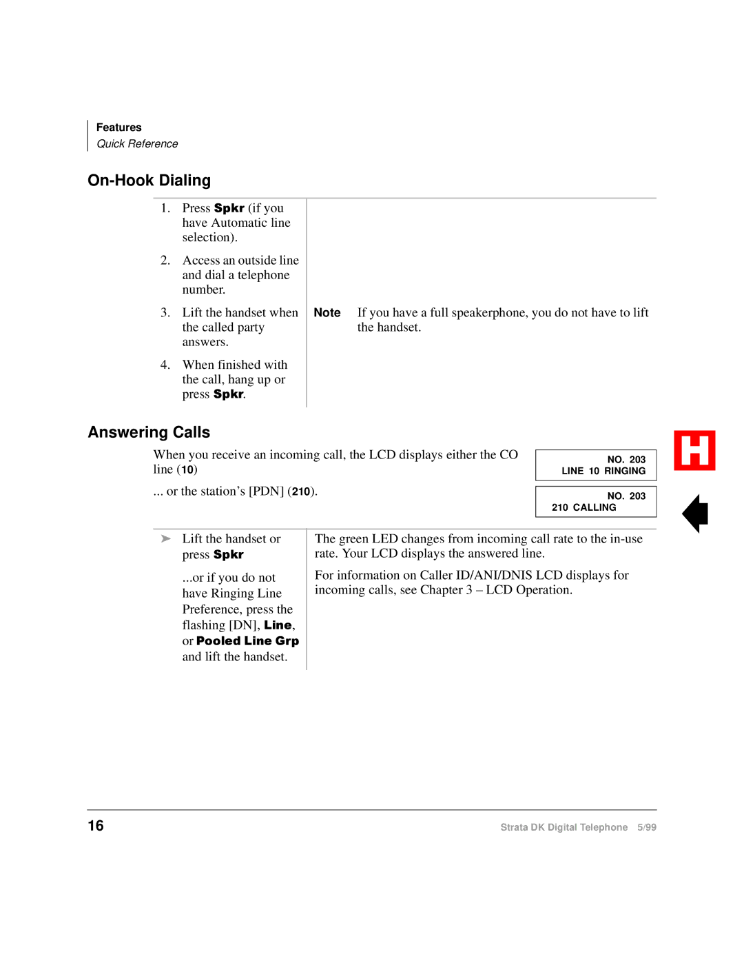 Toshiba Digital Telephone manual On-Hook Dialing, Answering Calls 