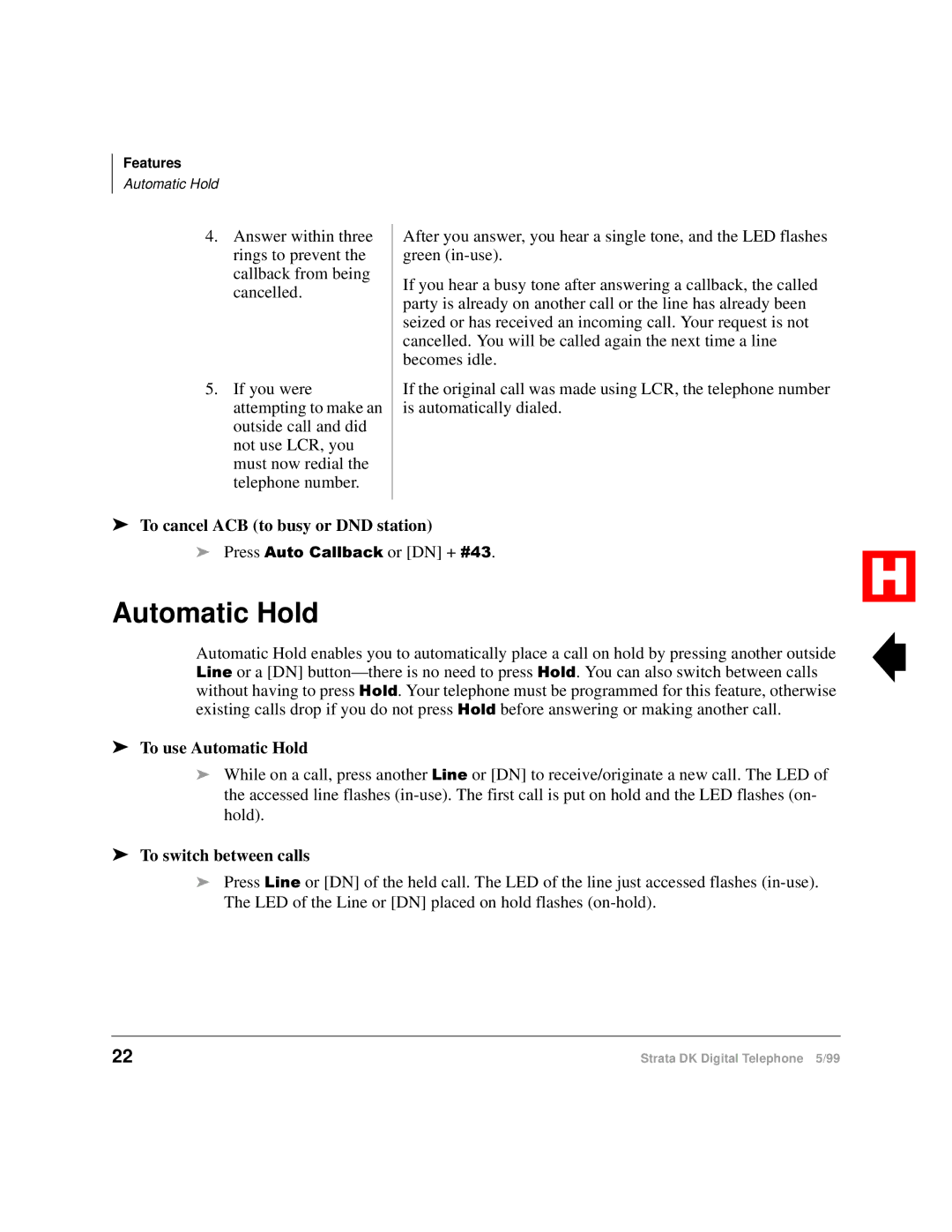 Toshiba Digital Telephone manual To cancel ACB to busy or DND station, To use Automatic Hold, To switch between calls 
