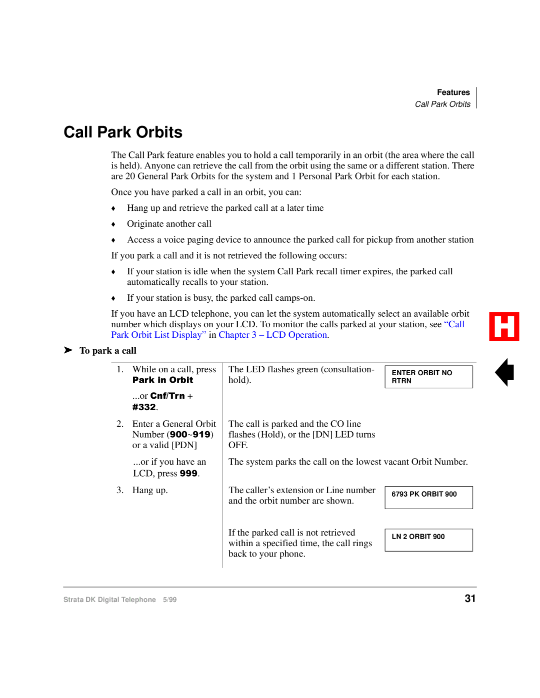 Toshiba Digital Telephone manual Call Park Orbits, To park a call 