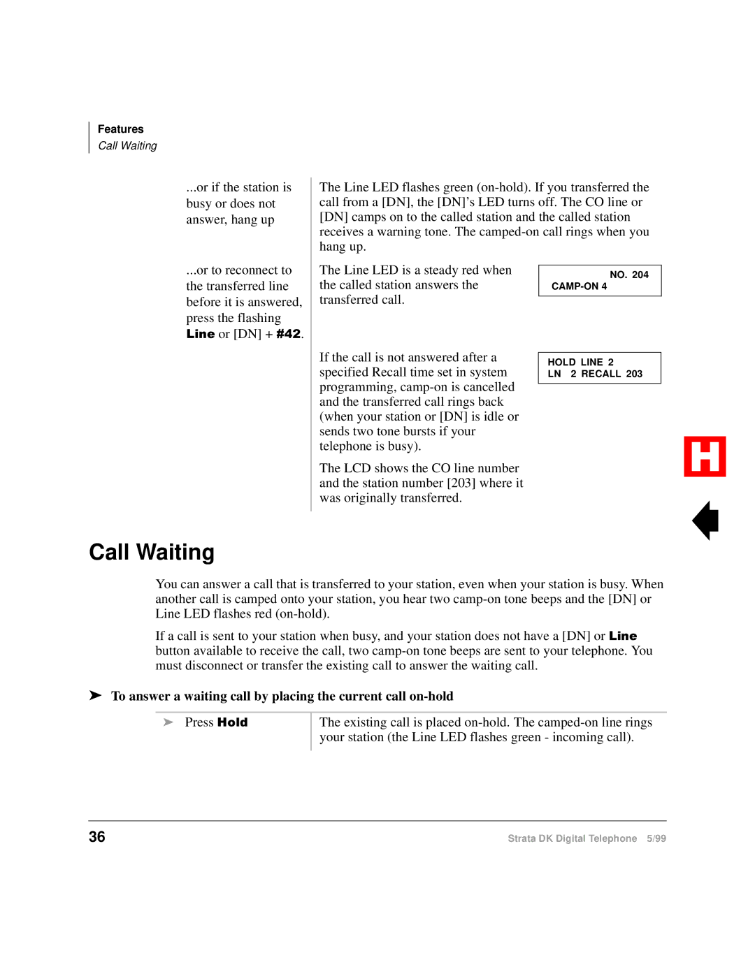 Toshiba Digital Telephone manual Call Waiting, To answer a waiting call by placing the current call on-hold 