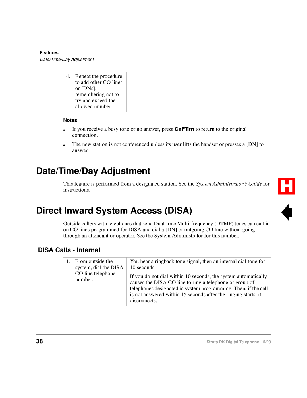 Toshiba Digital Telephone manual Date/Time/Day Adjustment, Direct Inward System Access Disa, Disa Calls Internal 