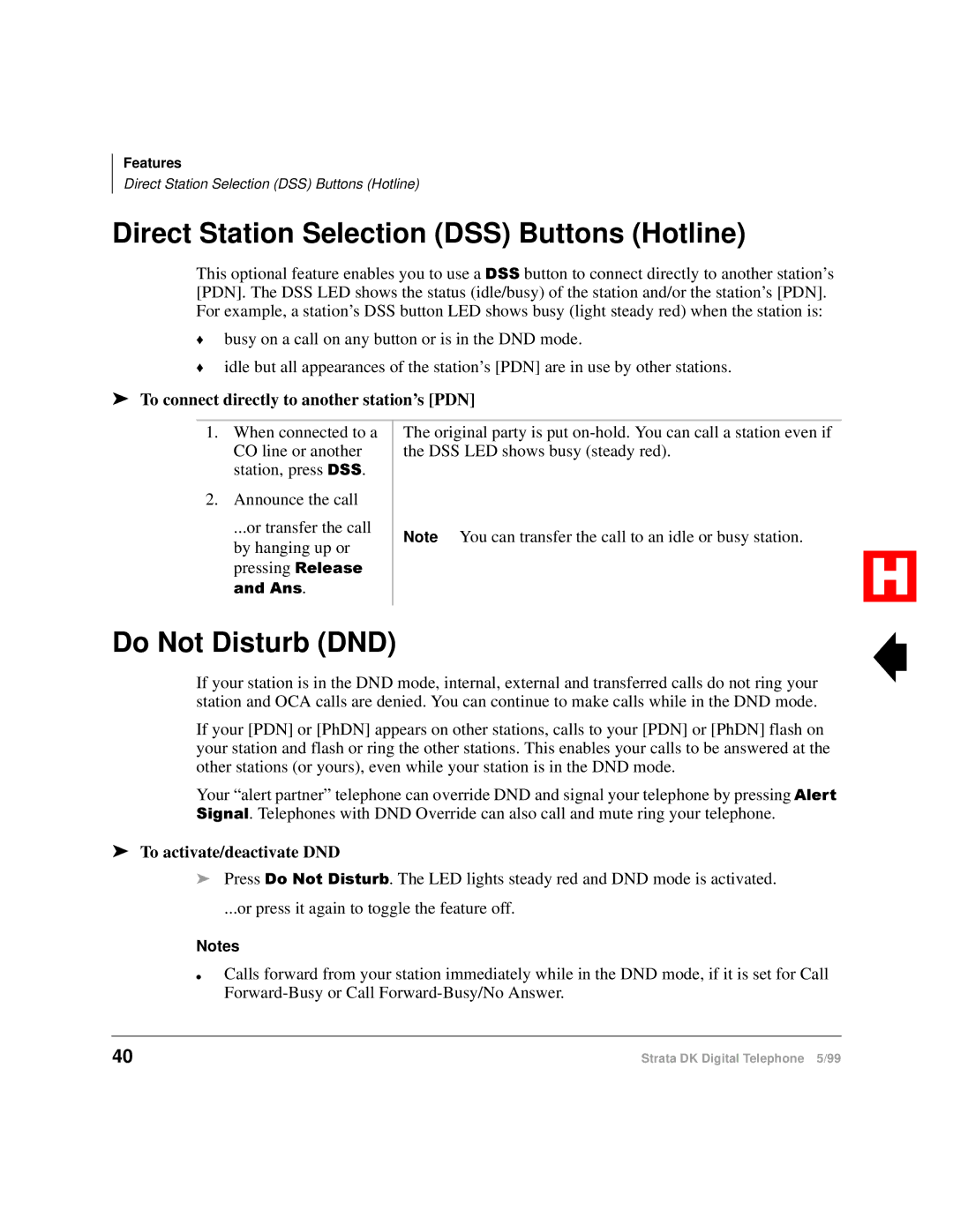 Toshiba Digital Telephone Direct Station Selection DSS Buttons Hotline, Do Not Disturb DND, To activate/deactivate DND 