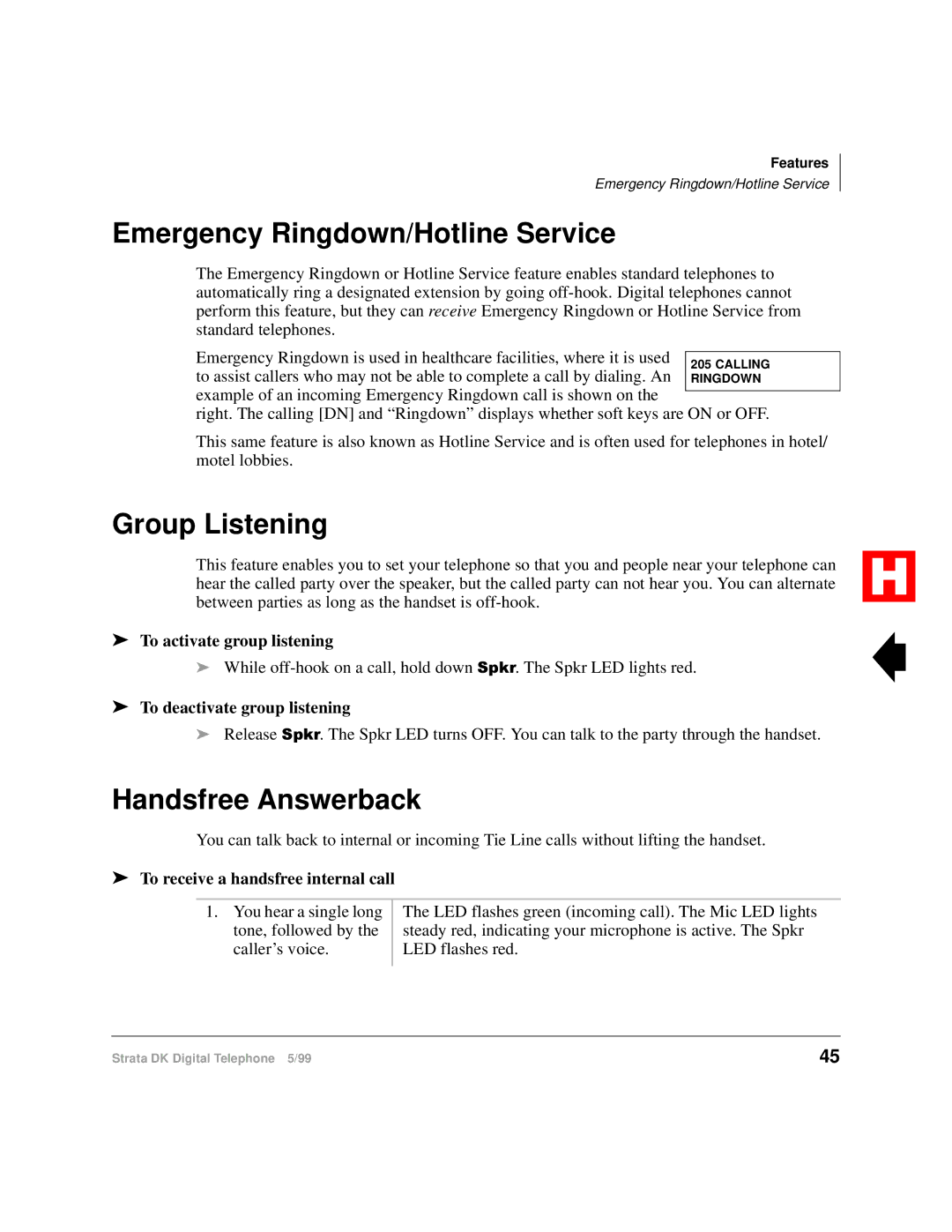 Toshiba Digital Telephone manual Emergency Ringdown/Hotline Service, Group Listening, Handsfree Answerback 