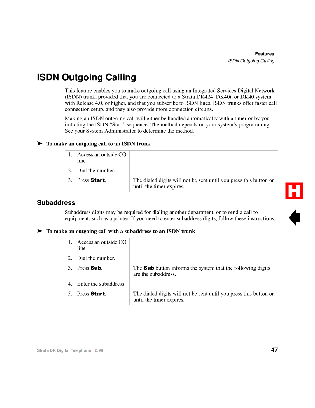 Toshiba Digital Telephone manual Isdn Outgoing Calling, Subaddress, To make an outgoing call to an Isdn trunk 