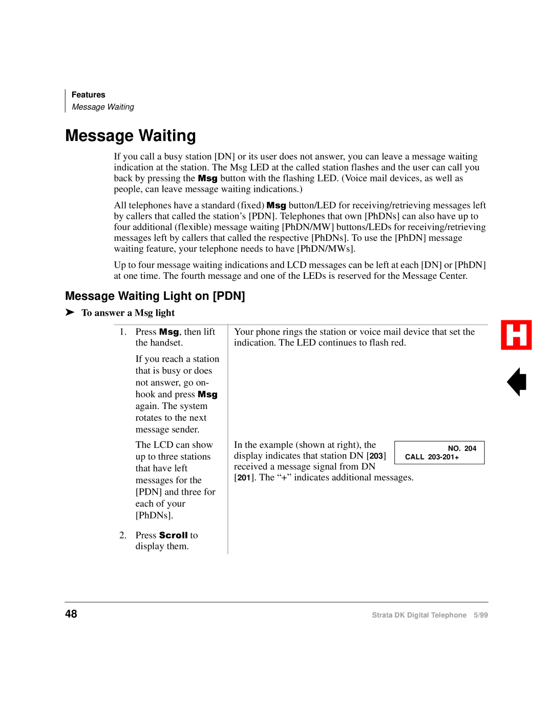 Toshiba Digital Telephone manual Message Waiting Light on PDN, To answer a Msg light 
