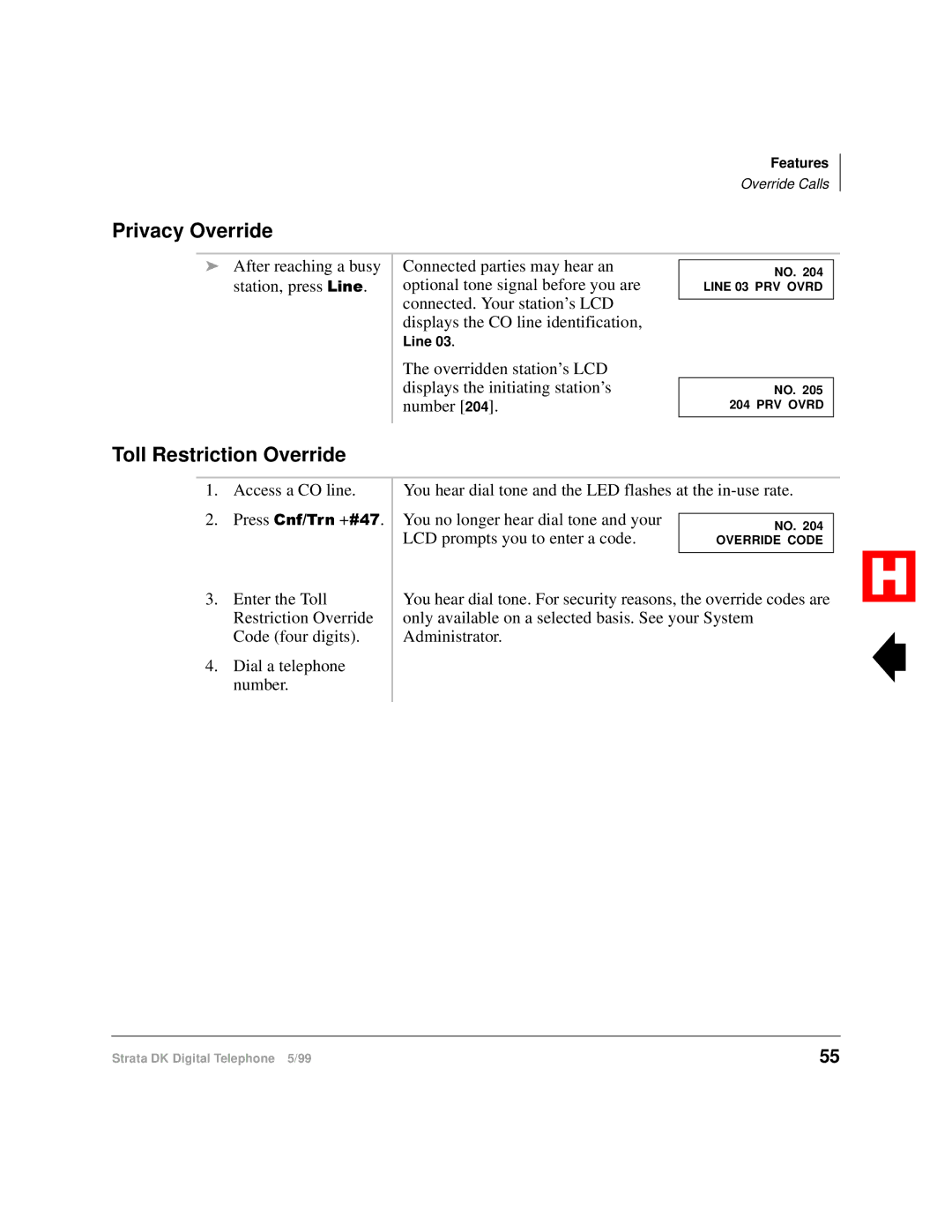 Toshiba Digital Telephone manual Privacy Override, Toll Restriction Override 