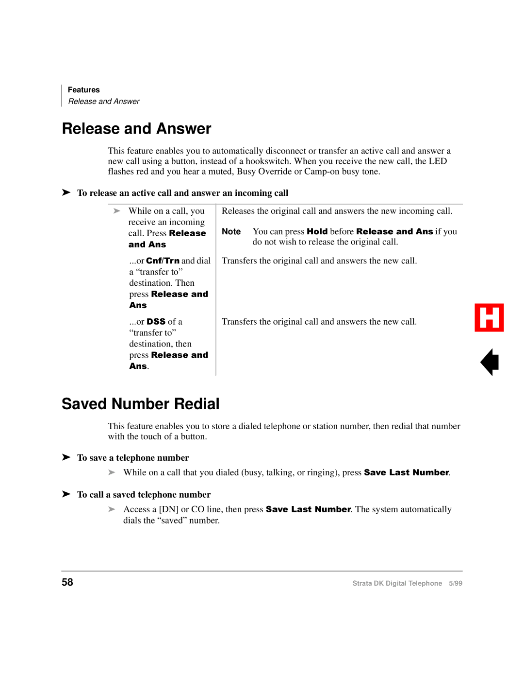 Toshiba Digital Telephone Release and Answer, Saved Number Redial, To release an active call and answer an incoming call 