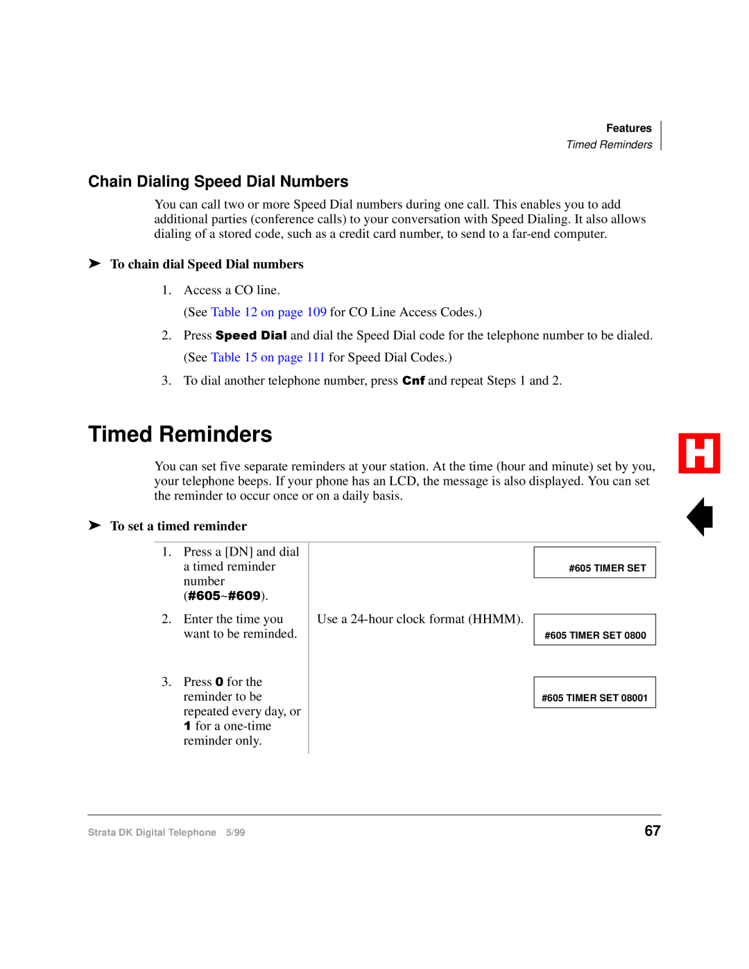 Toshiba Digital Telephone manual Timed Reminders, Chain Dialing Speed Dial Numbers, To chain dial Speed Dial numbers 