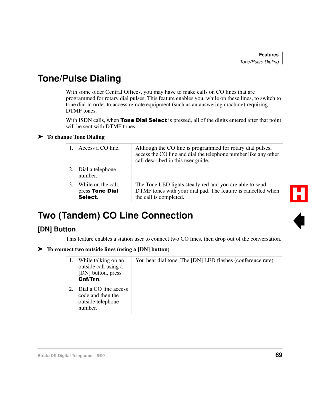 Toshiba Digital Telephone manual Tone/Pulse Dialing, Two Tandem CO Line Connection, DN Button, To change Tone Dialing 