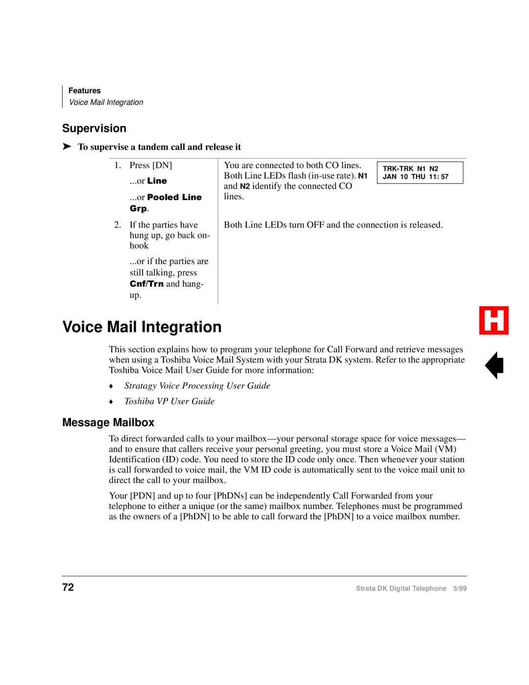 Toshiba Digital Telephone Voice Mail Integration, Supervision, Message Mailbox, To supervise a tandem call and release it 