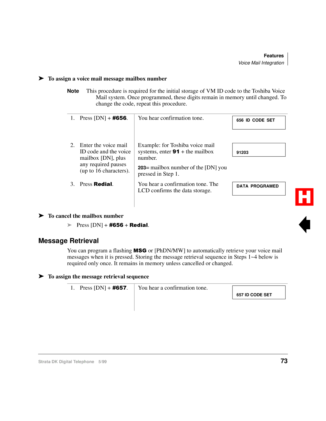 Toshiba Digital Telephone Message Retrieval, To assign a voice mail message mailbox number, To cancel the mailbox number 