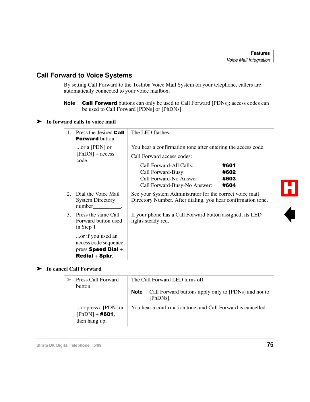 Toshiba Digital Telephone manual Call Forward to Voice Systems, To forward calls to voice mail, To cancel Call Forward 