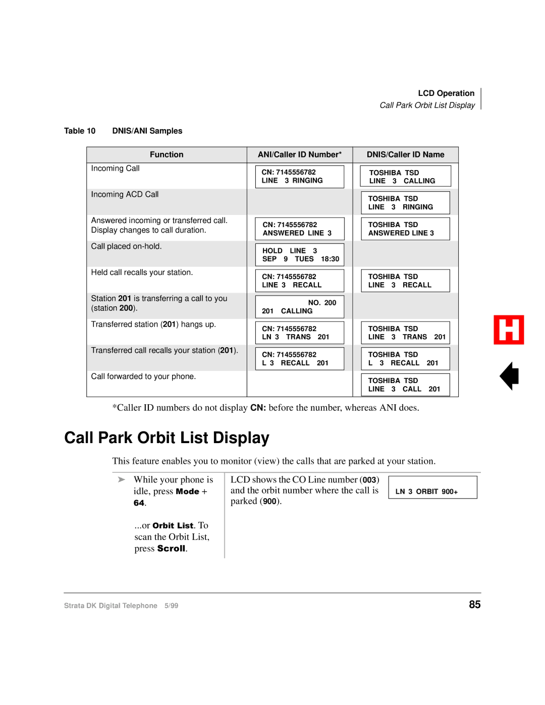 Toshiba Digital Telephone manual Call Park Orbit List Display 