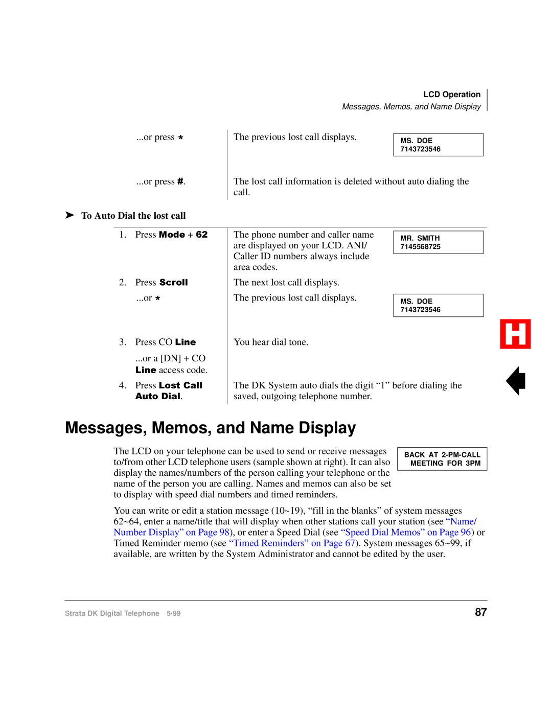 Toshiba Digital Telephone manual Messages, Memos, and Name Display, To Auto Dial the lost call Previous lost call displays 