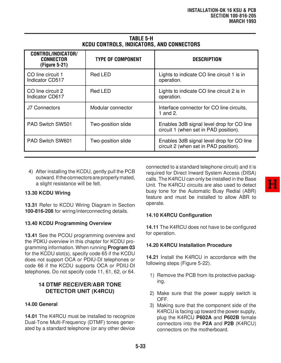 Toshiba DK8, DK 16 manual Kcdu CONTROLS, INDICATORS, and Connectors, Dtmf RECEIVER/ABR Tone Detector Unit K4RCU 