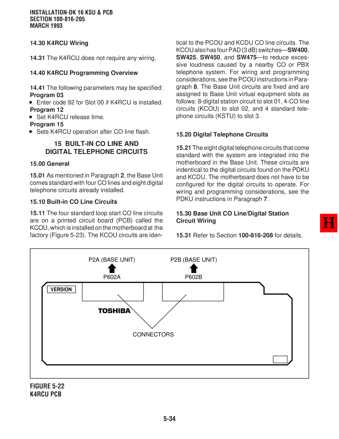 Toshiba DK 16, DK8 manual BUILT-IN CO Line and Digital Telephone Circuits, K4RCU PCB, Section March 14.30 K4RCU Wiring 